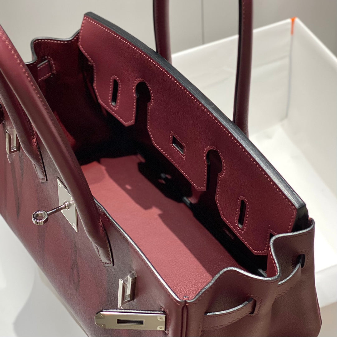 SAC À BANDOULIÈRE HM BIRKIN 29 CUIR MARRON ROUGE VIN 222339