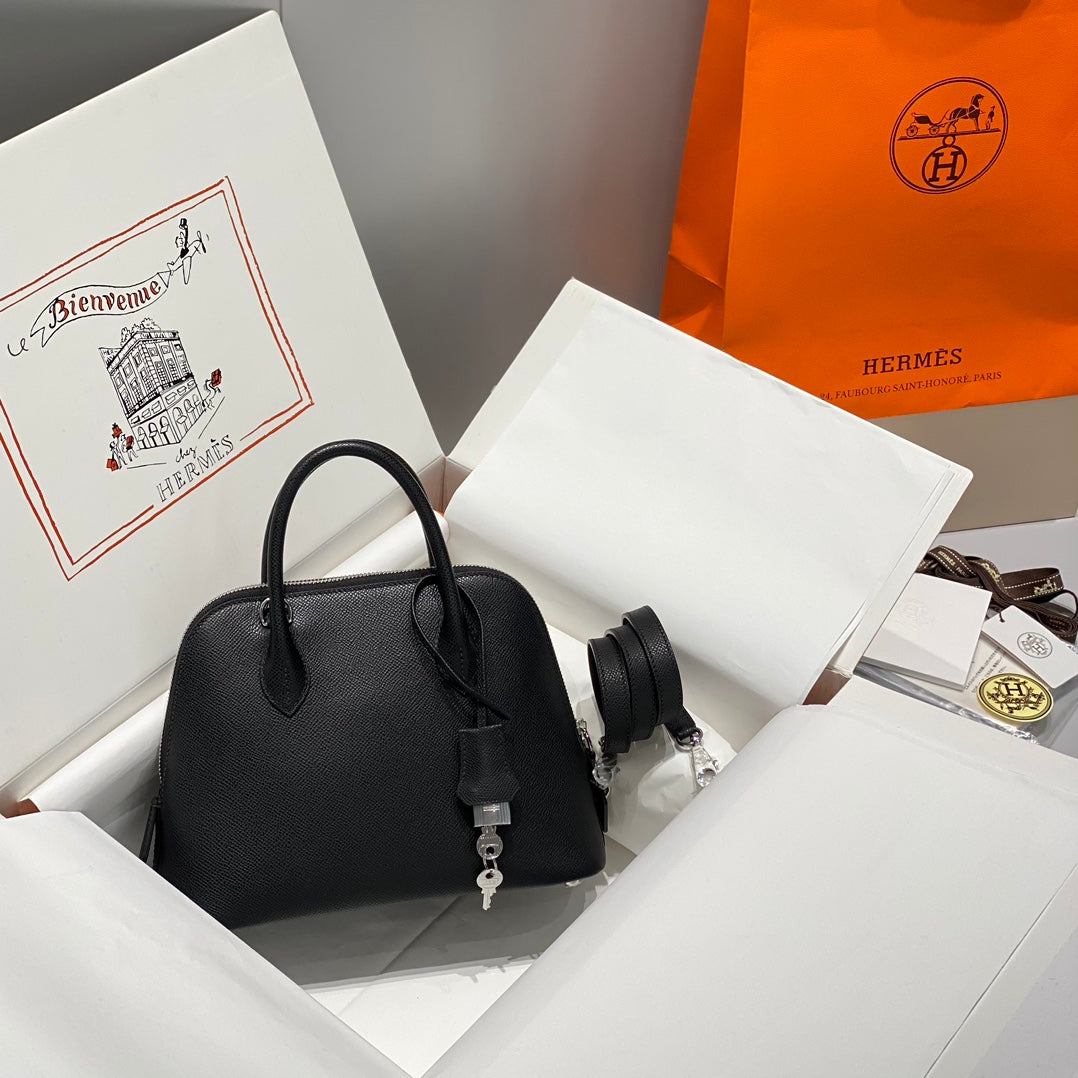 HM BOLIDE 25 CUIR EPSOM NOIR QUINCAILLERIE ARGENTÉE 237384