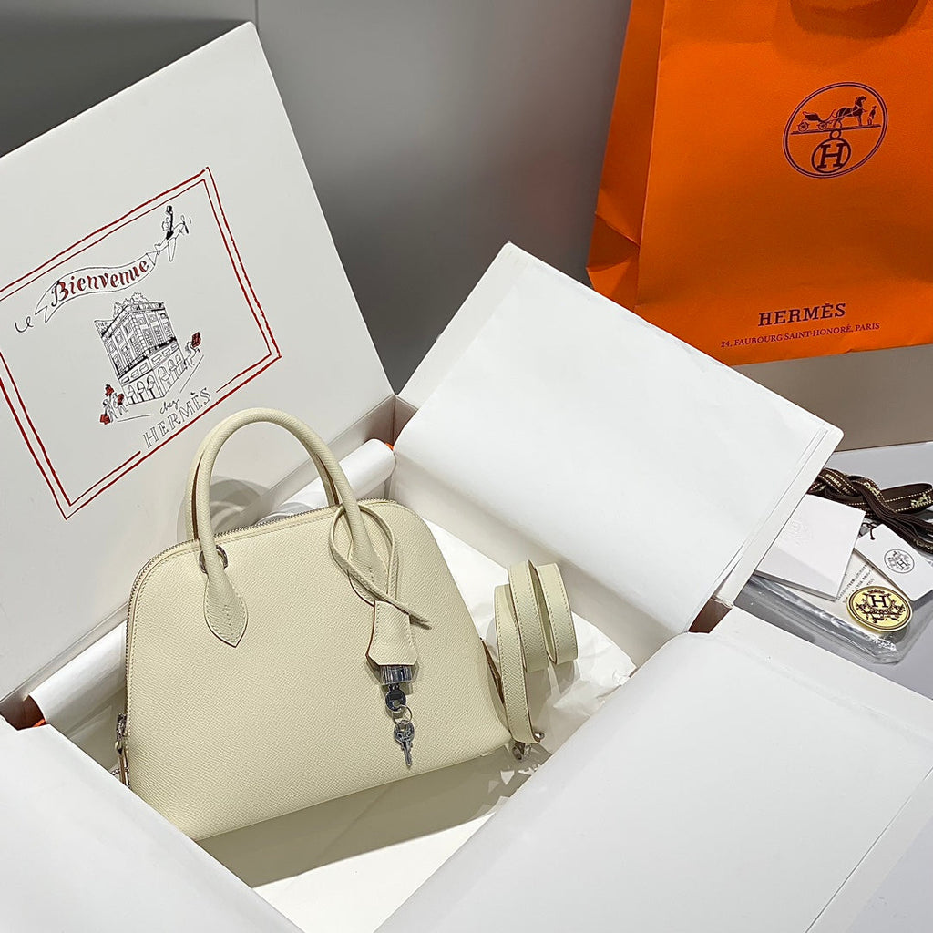 HM BOLIDE 25 WHITE EPSOM LEATHER SILVER HARDWARE 237413