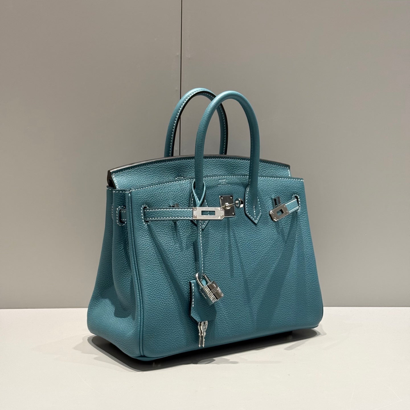Sac HM Birkin 25 cm en cuir Togo vert sarcelle, quincaillerie argentée 237510
