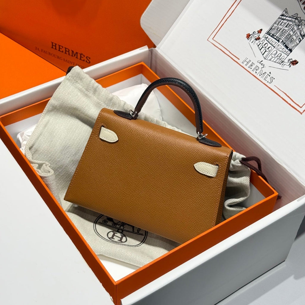 HM MINI KELLY 19 BRUN DORÉ MÉLANGE NOIR EPSOM 243107