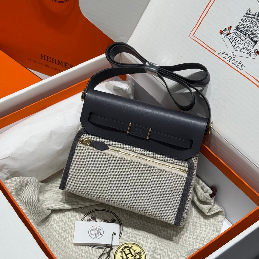HM MINI HERBAG BOUCLE DORÉE 20 TOILE GRIS BEIGE ET CUIR DE VACHE HUNTER 243285
