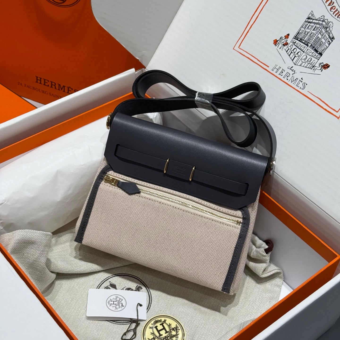 Sac à main HM Mini Herbbag avec boucle dorée, toile crème et cuir de vache Hunter, taille 20, 243275