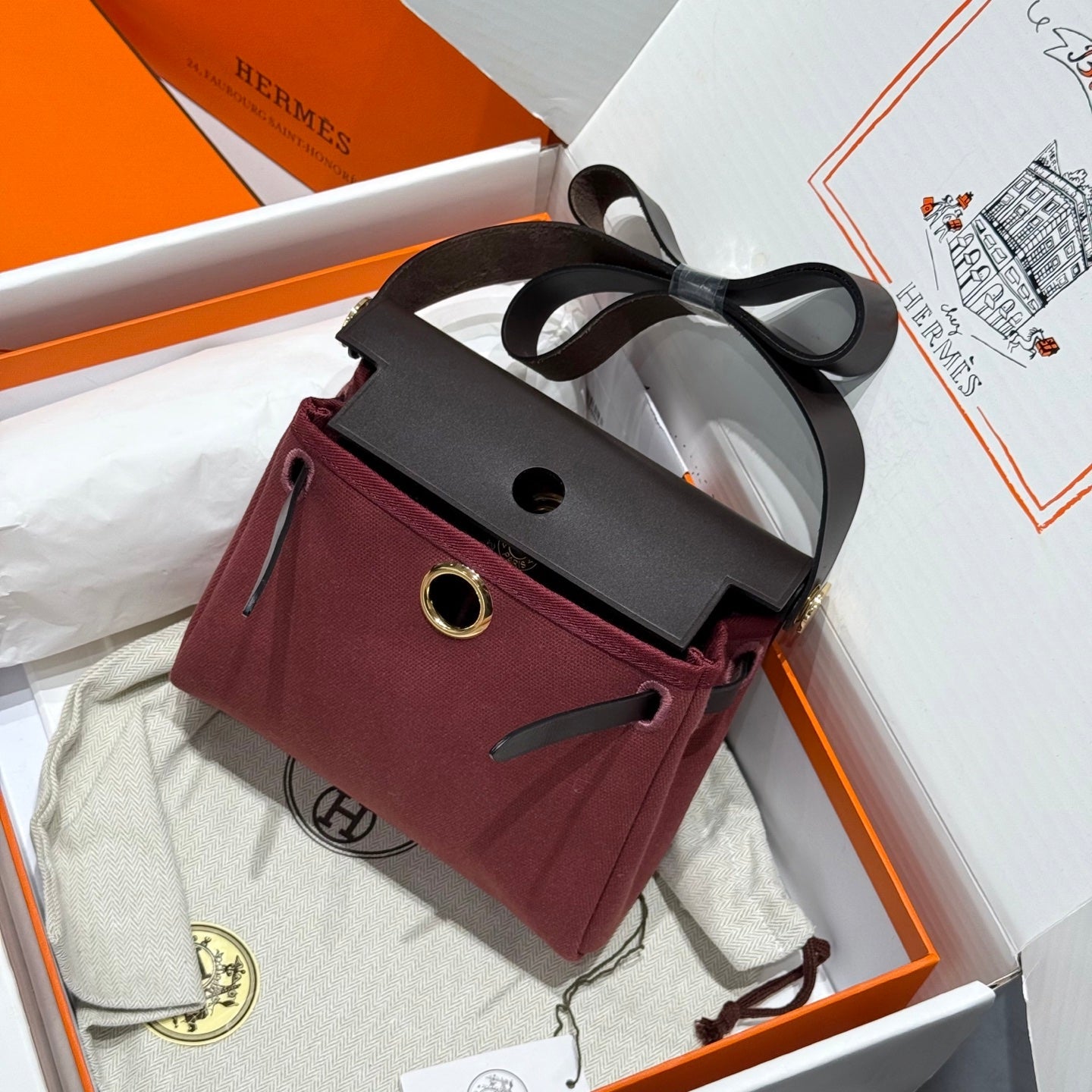 Sac HM Mini Herbbag Boucle dorée 20 pouces Toile bordeaux et cuir de vache Hunter 243365