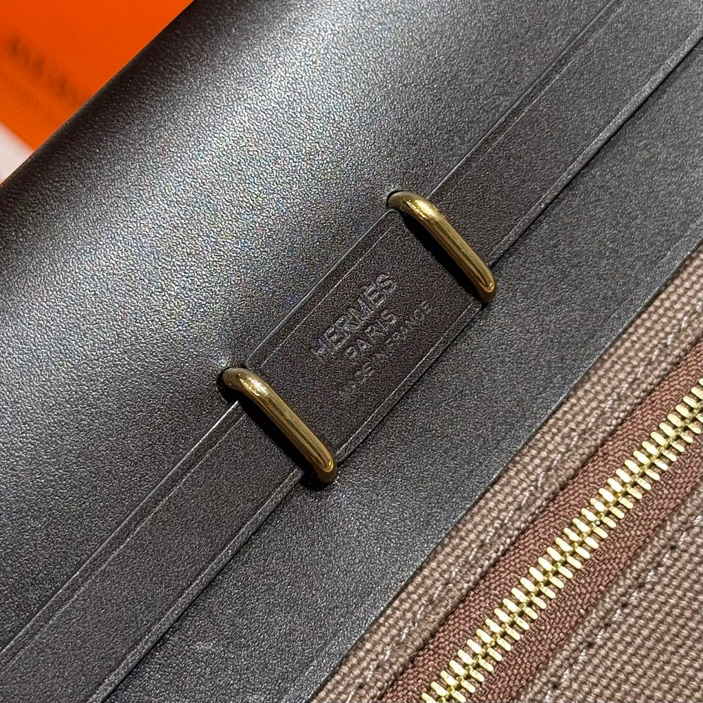 HM MINI HERBAG BOUCLE DORÉE 20 TOILE CAFÉ ET CUIR DE VACHE HUNTER 243300