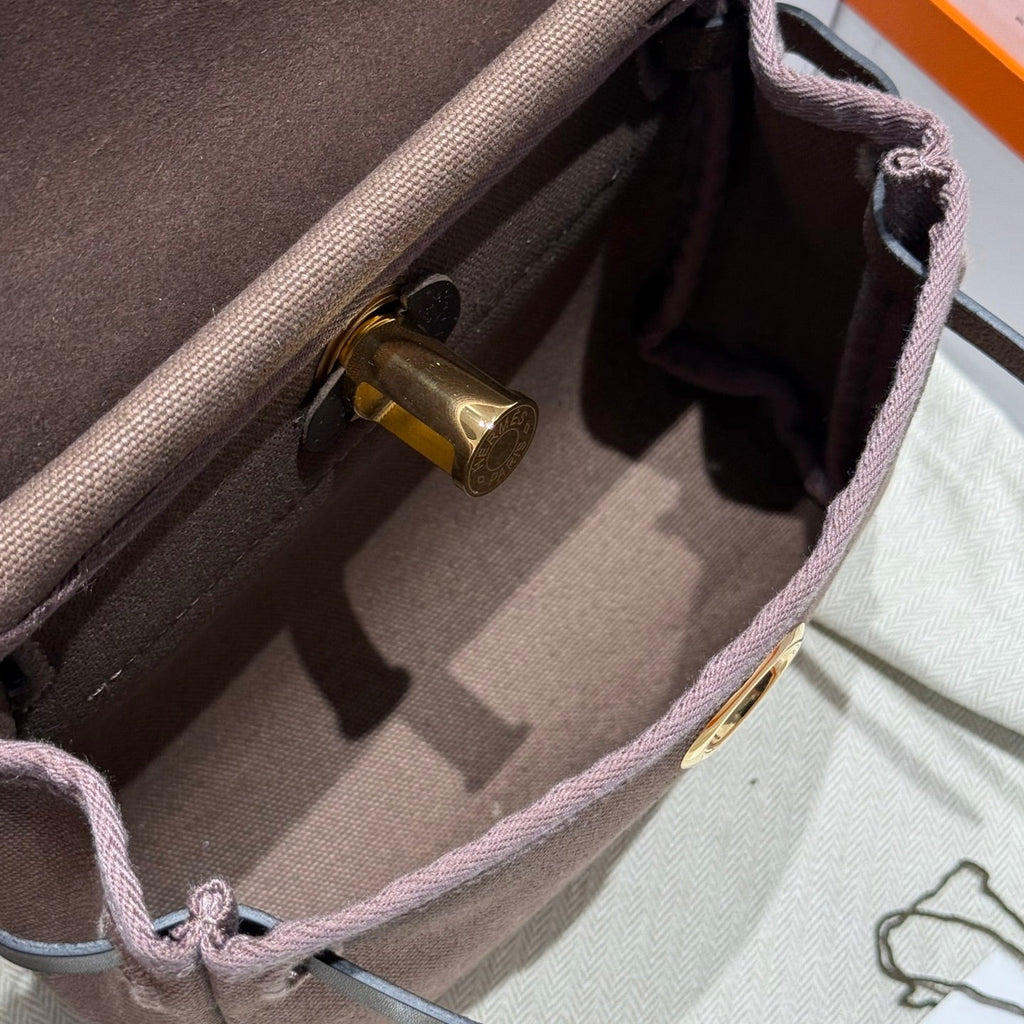 HM MINI HERBAG BOUCLE DORÉE 20 TOILE CAFÉ ET CUIR DE VACHE HUNTER 243300