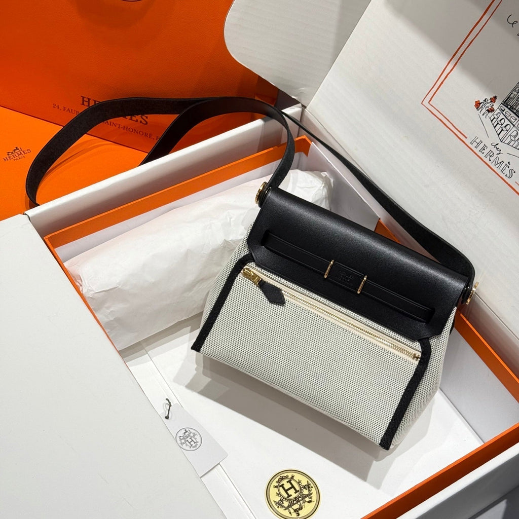 HM MINI HERBAG BOUCLE DORÉE 20 TOILE BLANCHE ÉCRU ET CUIR DE VACHE HUNTER 243226