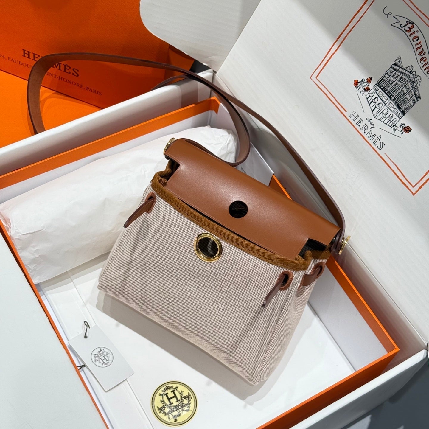 HM MINI HERBAG BOUCLE DORÉE 20 TOILE BEIGE ET CUIR DE VACHE HUNTER 243221