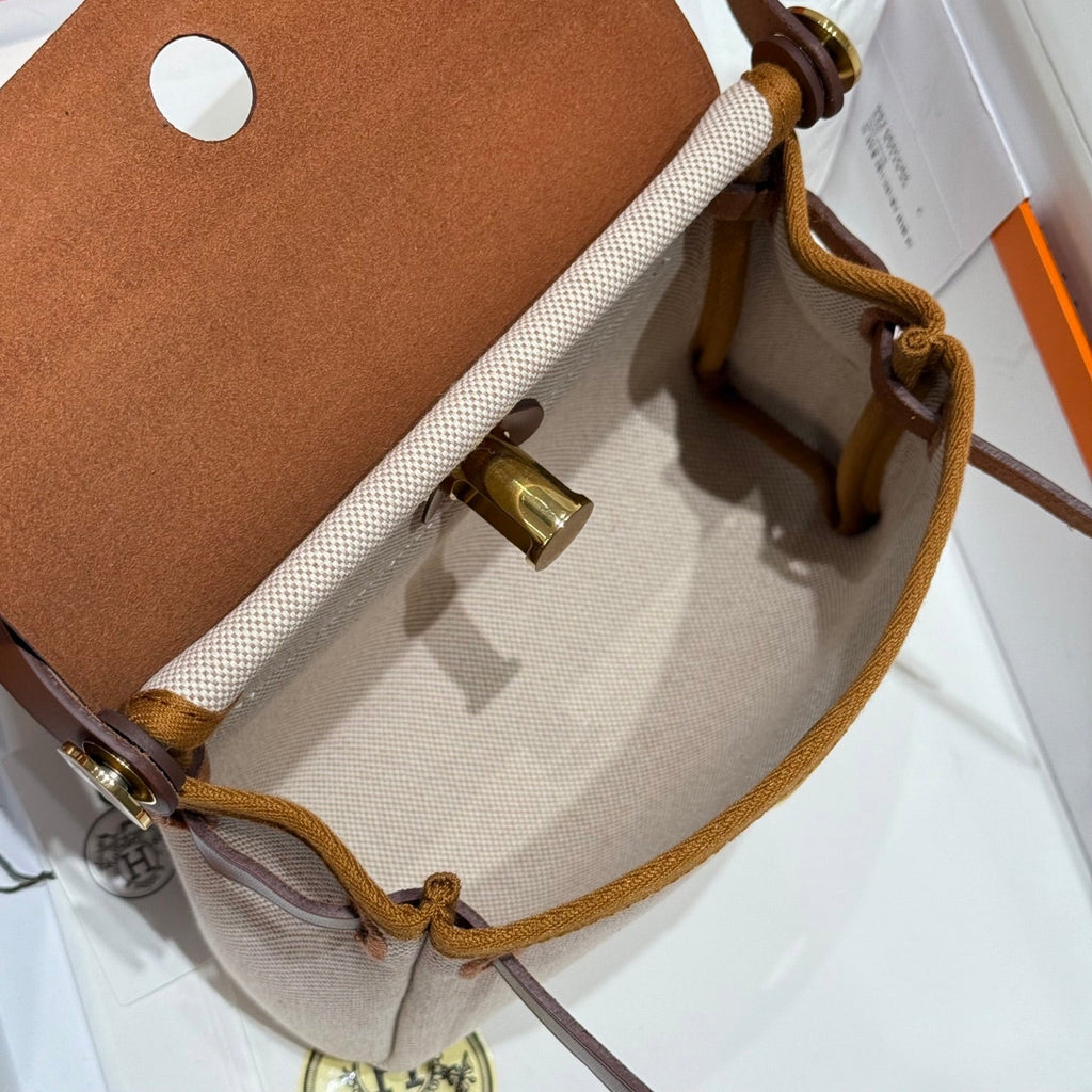 HM MINI HERBAG BOUCLE DORÉE 20 TOILE BEIGE ET CUIR DE VACHE HUNTER 243221