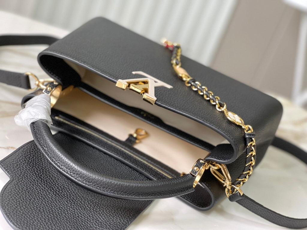 CAPUCINES MM 31.5 BLACK TAURILLON LEATHER GOLD HARDWARE
