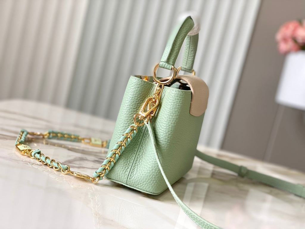 CAPUCINES MINI 21 GREEN BEIGE TAURILLON LEATHER GOLD HARDWARE