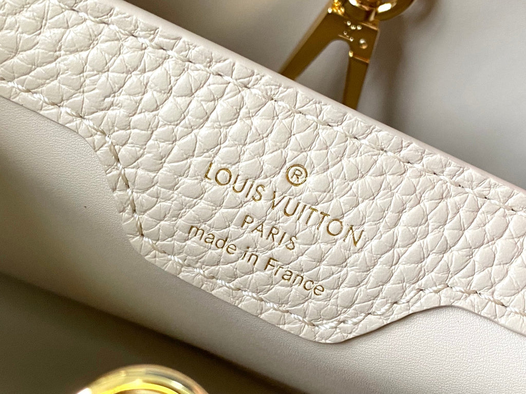 CAPUCINES BB 27 BEIGE CLOUD BLUE TAURILLON LEATHER GOLD HARDWARE