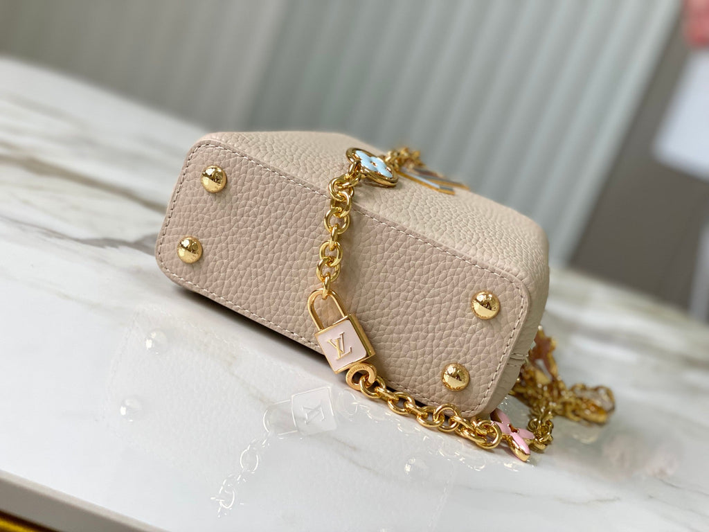 CAPUCINES NANO 16 BEIGE BLEU NUAGE CUIR TAURRILON QUINCAILLERIE DORÉ