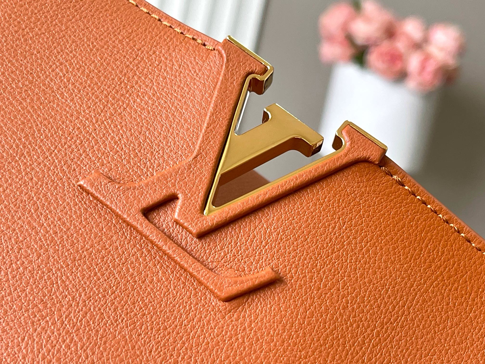 CAPUCINES GM 38CM CUIR TAURILLON MARRON ORANGE