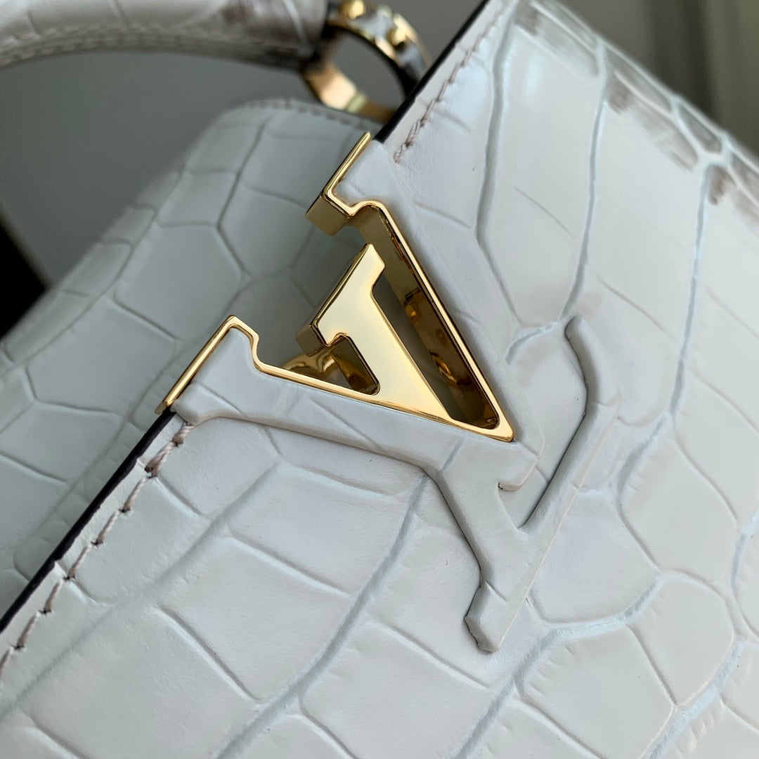 CAPUCINES MINI 21 BLANC GRIS CUIR DE VEAU EMBOSSÉ CROCODILE QUINCAILLERIE DORÉ