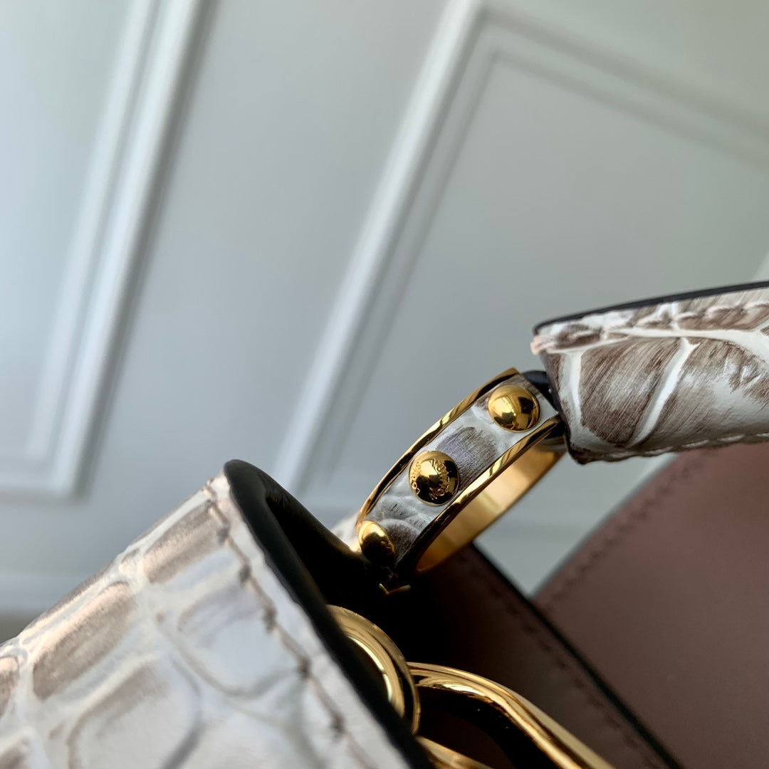 CAPUCINES MINI 21 BLANC GRIS CUIR DE VEAU EMBOSSÉ CROCODILE QUINCAILLERIE DORÉ