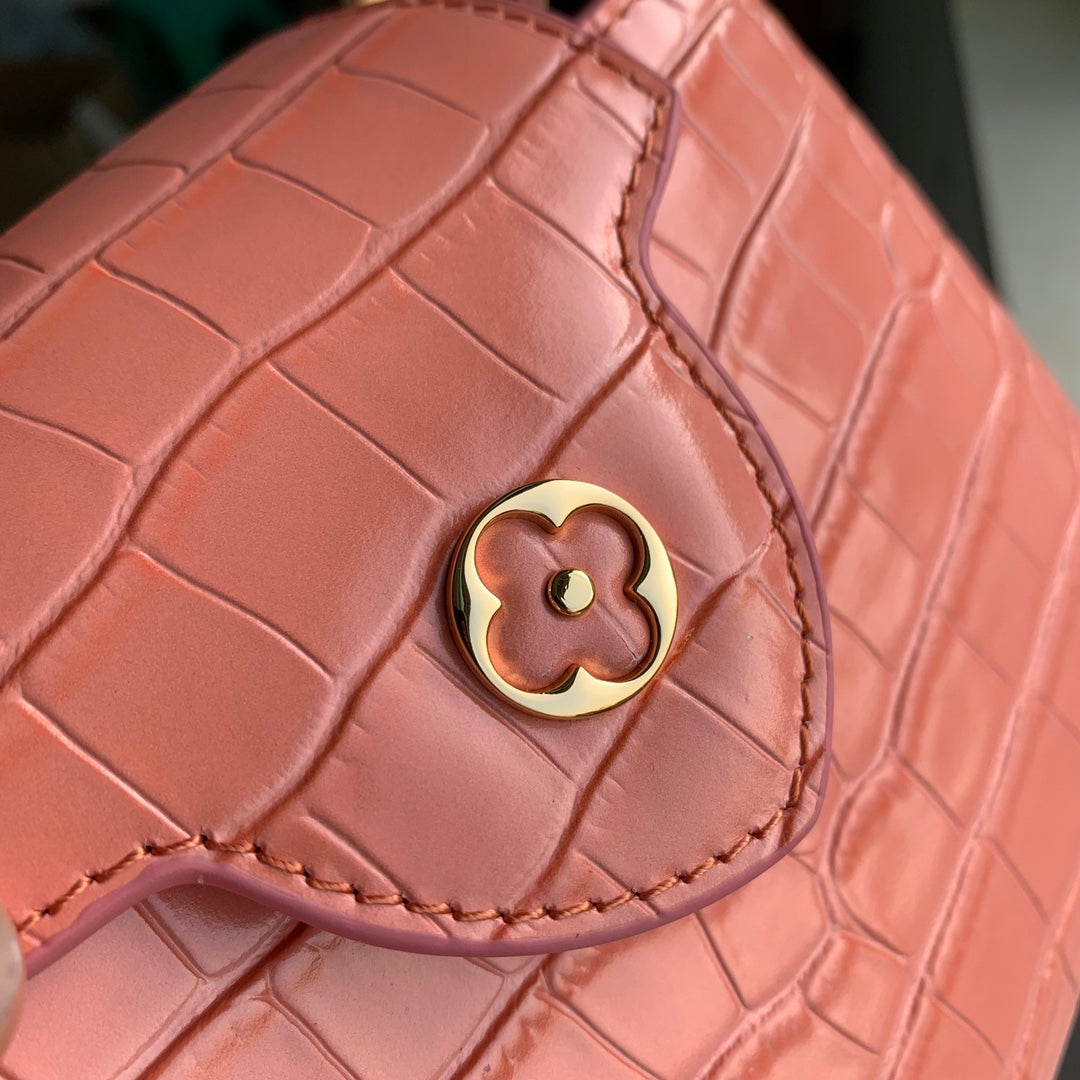 CAPUCINES MINI 21 CUIR DE VEAU EMBOSSÉ CROCODILE ROSE ORANGE ACIER DORÉ