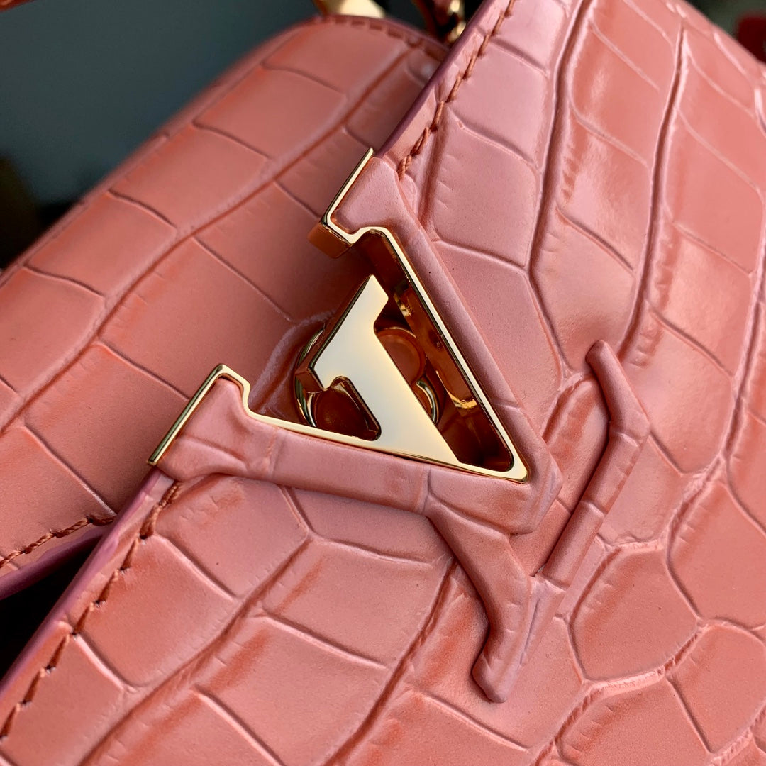 CAPUCINES MINI 21 CUIR DE VEAU EMBOSSÉ CROCODILE ROSE ORANGE ACIER DORÉ