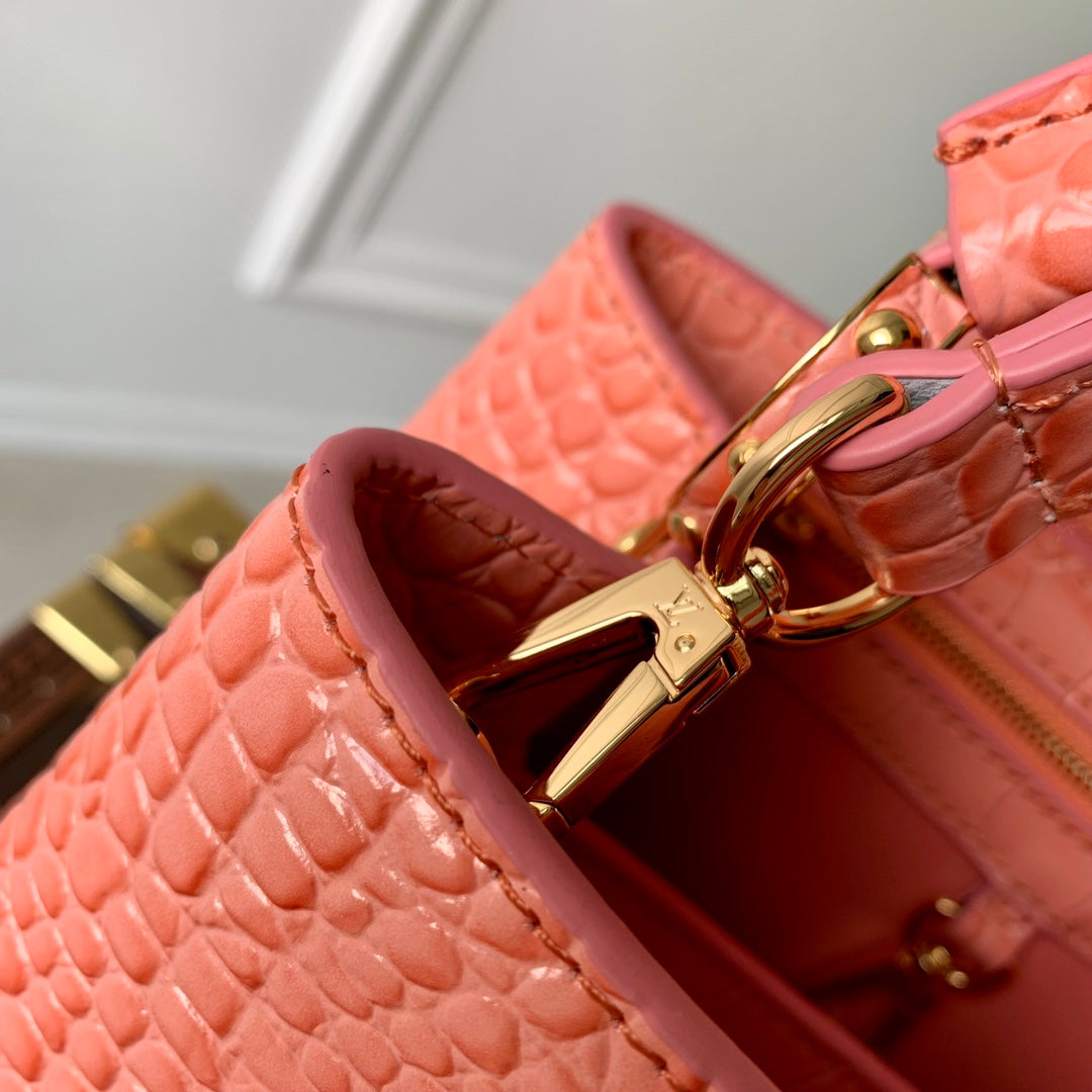 CAPUCINES MINI 21 CUIR DE VEAU EMBOSSÉ CROCODILE ROSE ORANGE ACIER DORÉ
