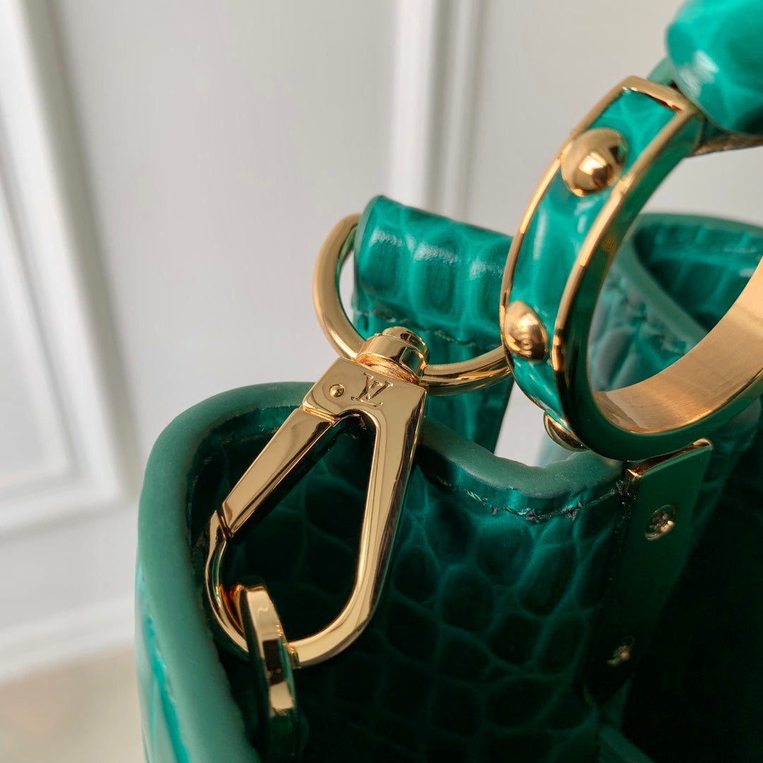 CAPUCINES MINI 21 CUIR DE VEAU VERT EMBOSSÉ CROCODILE QUINCAILLERIE DORÉE