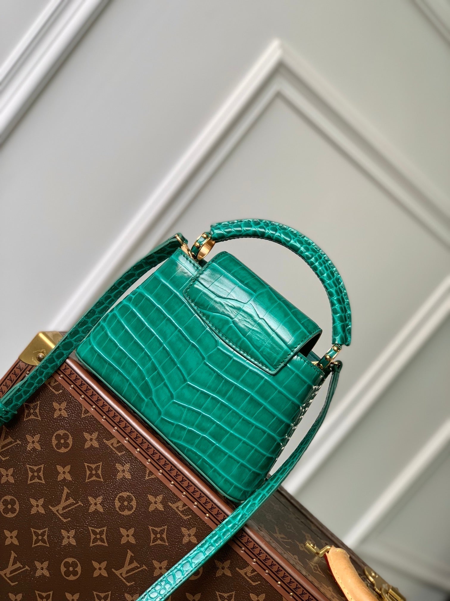 CAPUCINES MINI 21 CUIR DE VEAU VERT EMBOSSÉ CROCODILE QUINCAILLERIE DORÉE