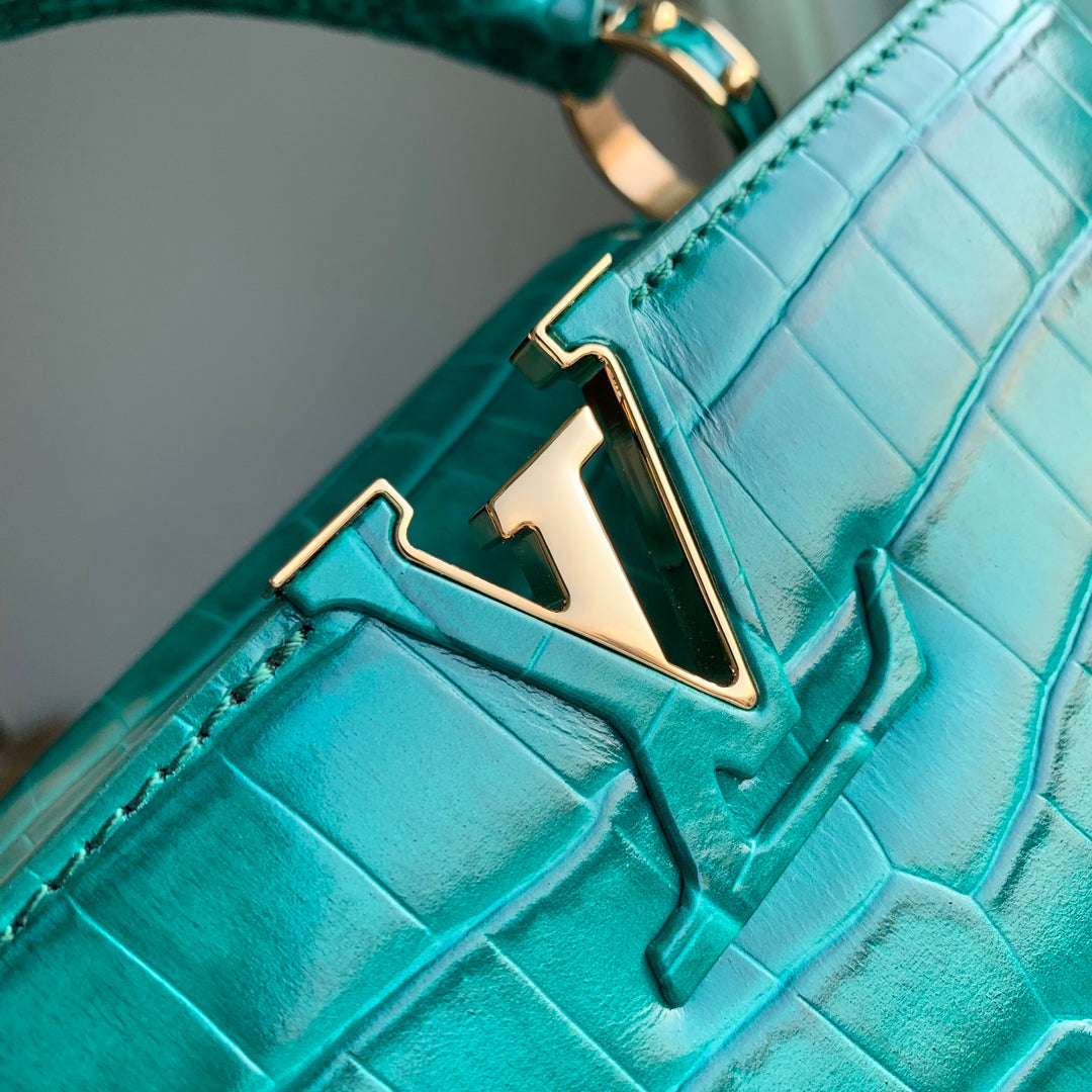 CAPUCINES MINI 21 CUIR DE VEAU VERT EMBOSSÉ CROCODILE QUINCAILLERIE DORÉE