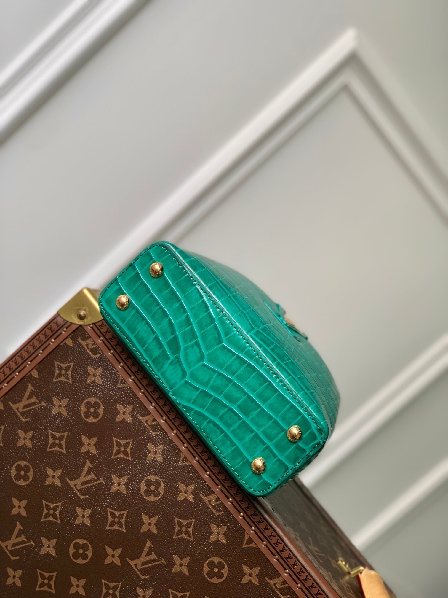 CAPUCINES MINI 21 CUIR DE VEAU VERT EMBOSSÉ CROCODILE QUINCAILLERIE DORÉE
