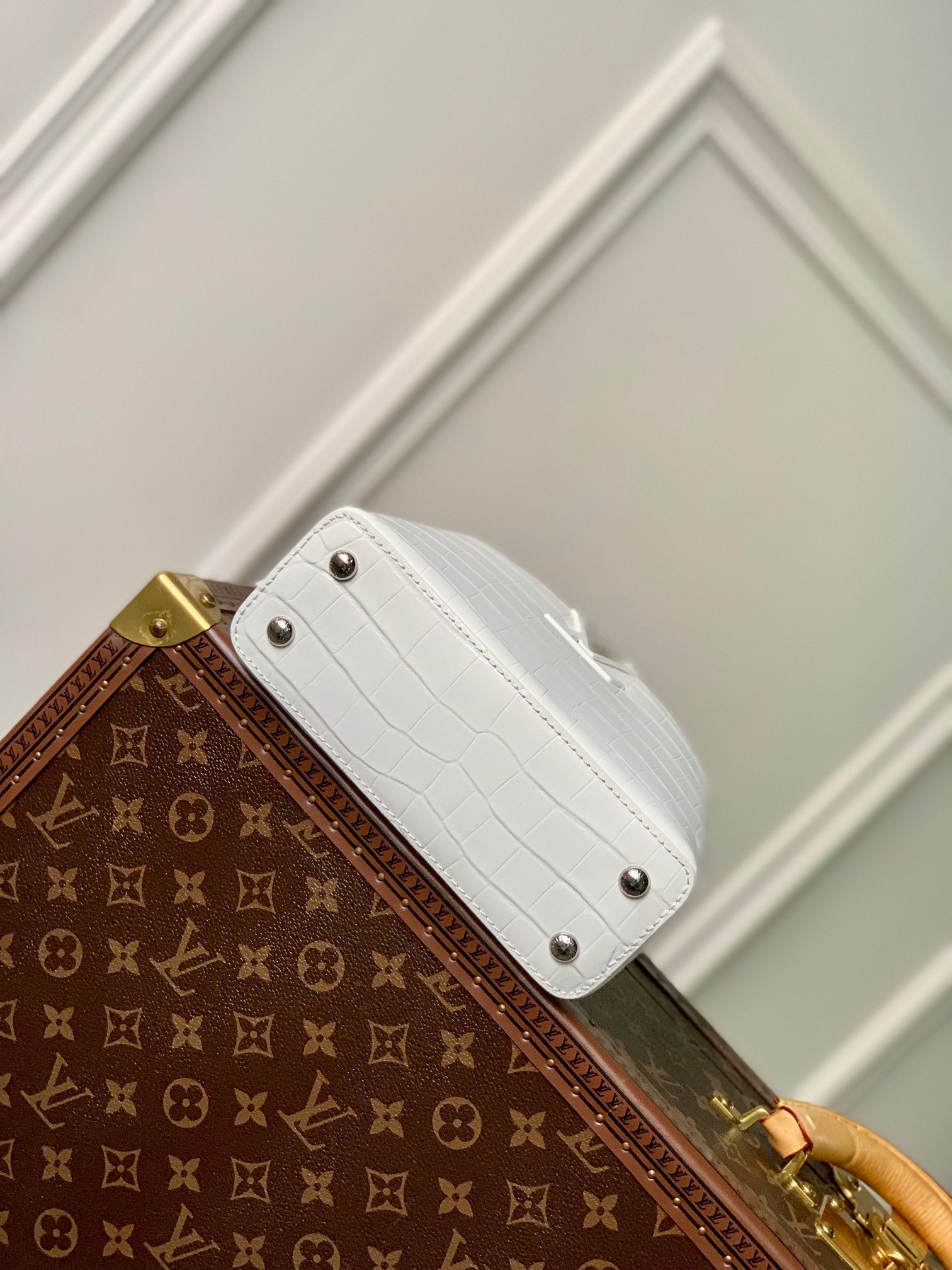 CAPUCINES MINI 21 CUIR DE VEAU BLANC EMBOSSÉ CROCODILE ACIER ARGENTÉ