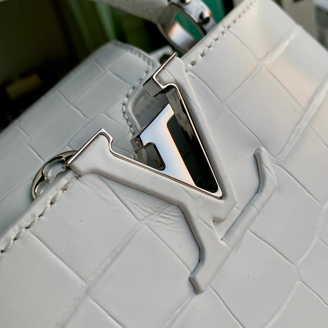 CAPUCINES MINI 21 CUIR DE VEAU BLANC EMBOSSÉ CROCODILE ACIER ARGENTÉ