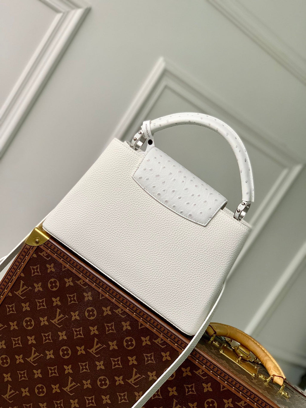 CAPUCINES MM 31.5 WHITE TAURILLON LEATHER SILVER HARDWARE
