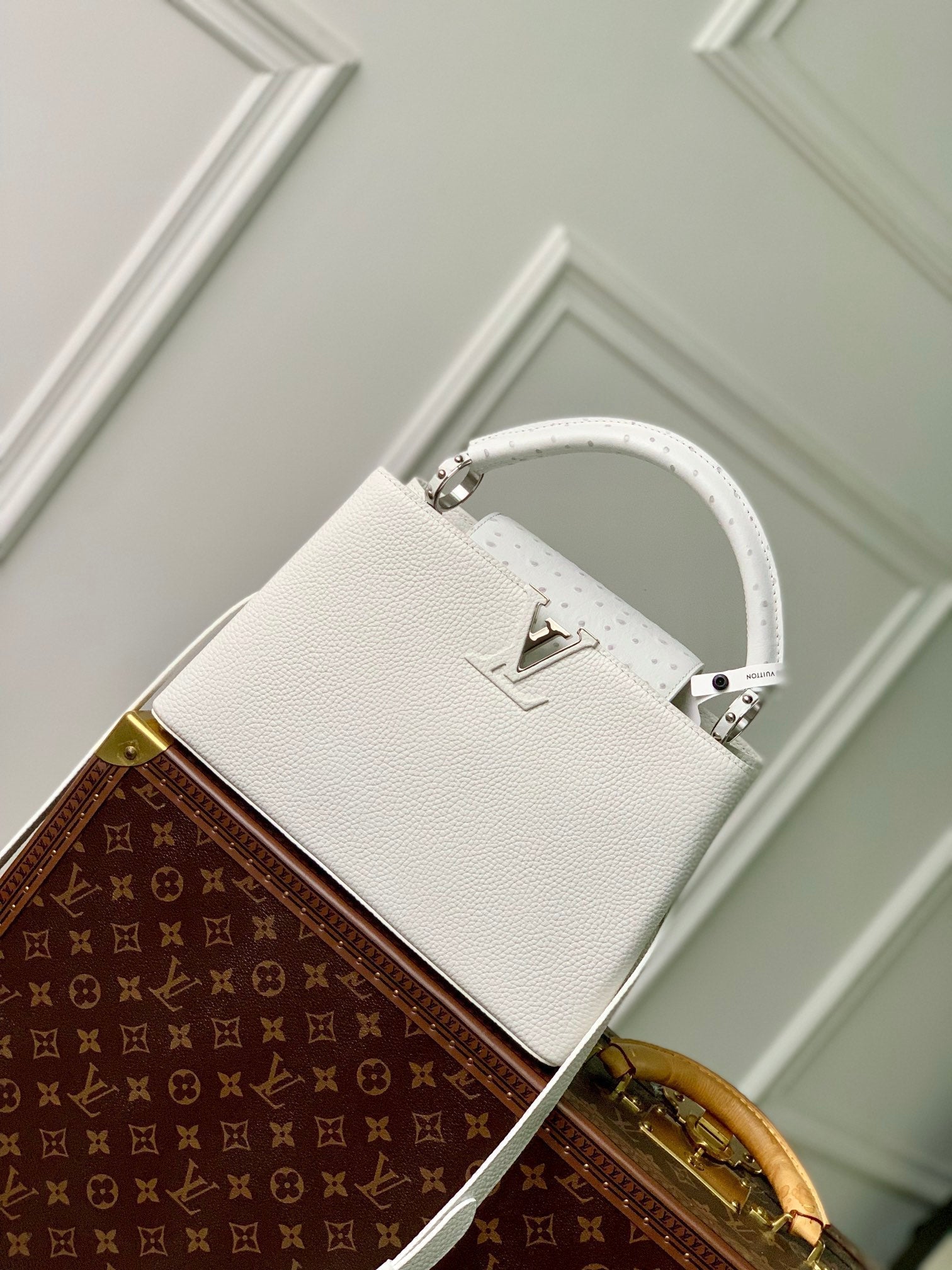 CAPUCINES MM 31.5 WHITE TAURILLON LEATHER SILVER HARDWARE