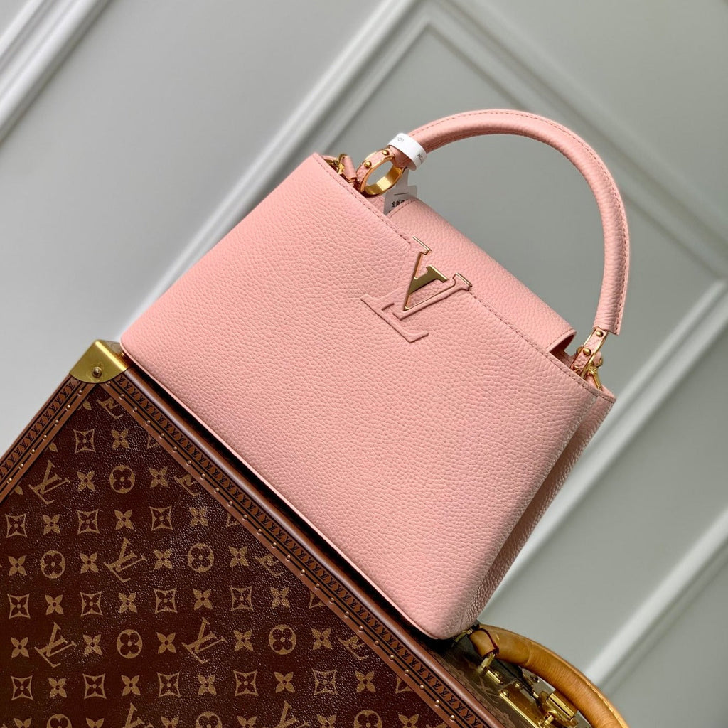 CAPUCINES BB 27 ROSE PINK TAURILLON LEATHER GOLD HARDWARE