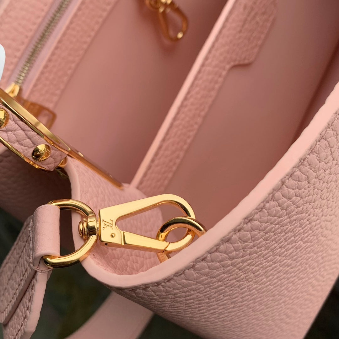 CAPUCINES BB 27 ROSE PINK TAURILLON LEATHER GOLD HARDWARE