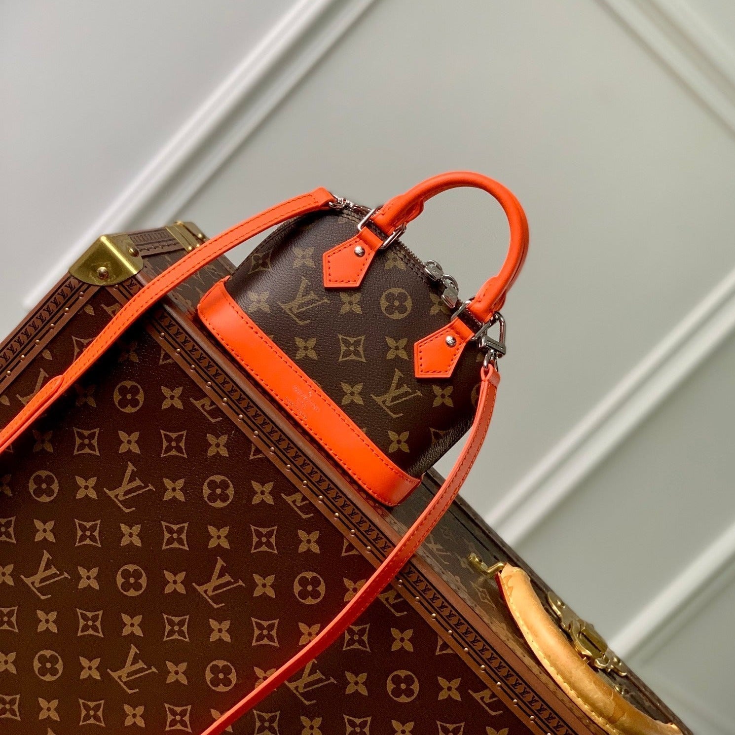 ALMA NANO 18 TOILE MONOGRAMME CUIR DE VEAU ORANGE 