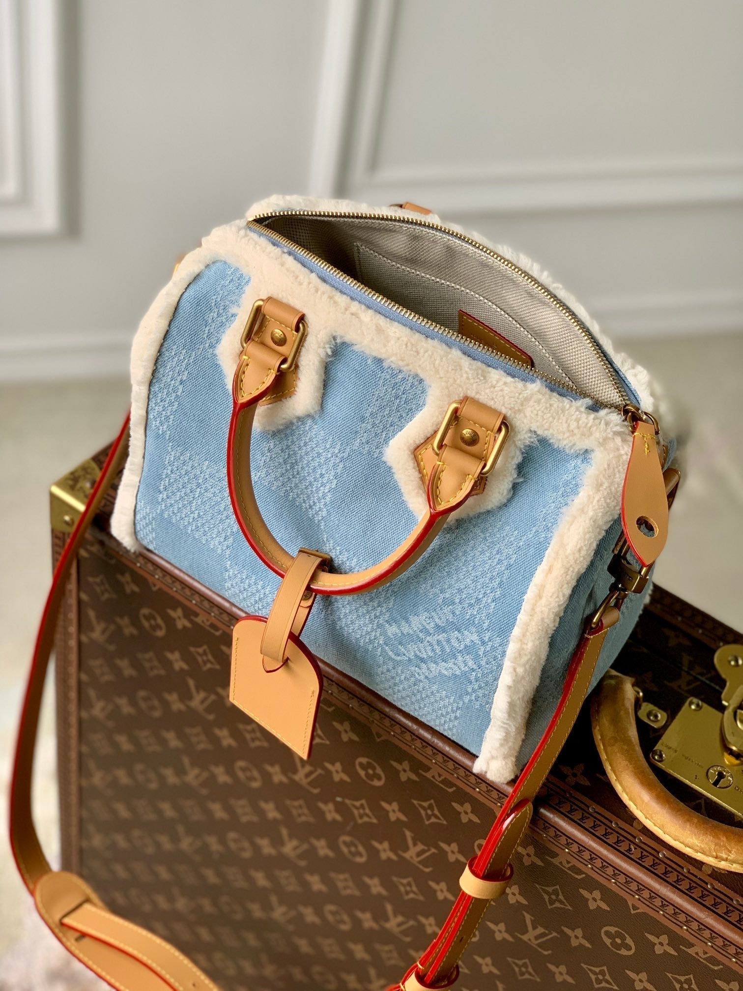 LV SPEEDY 25 BANDOULIÈRE CUIR BEIGE DENIM LAINE