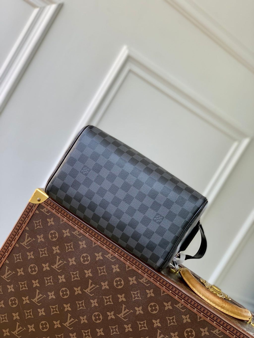 KIT DOPP 28 EN TOILE DAMIER GRAPHITE NOIR