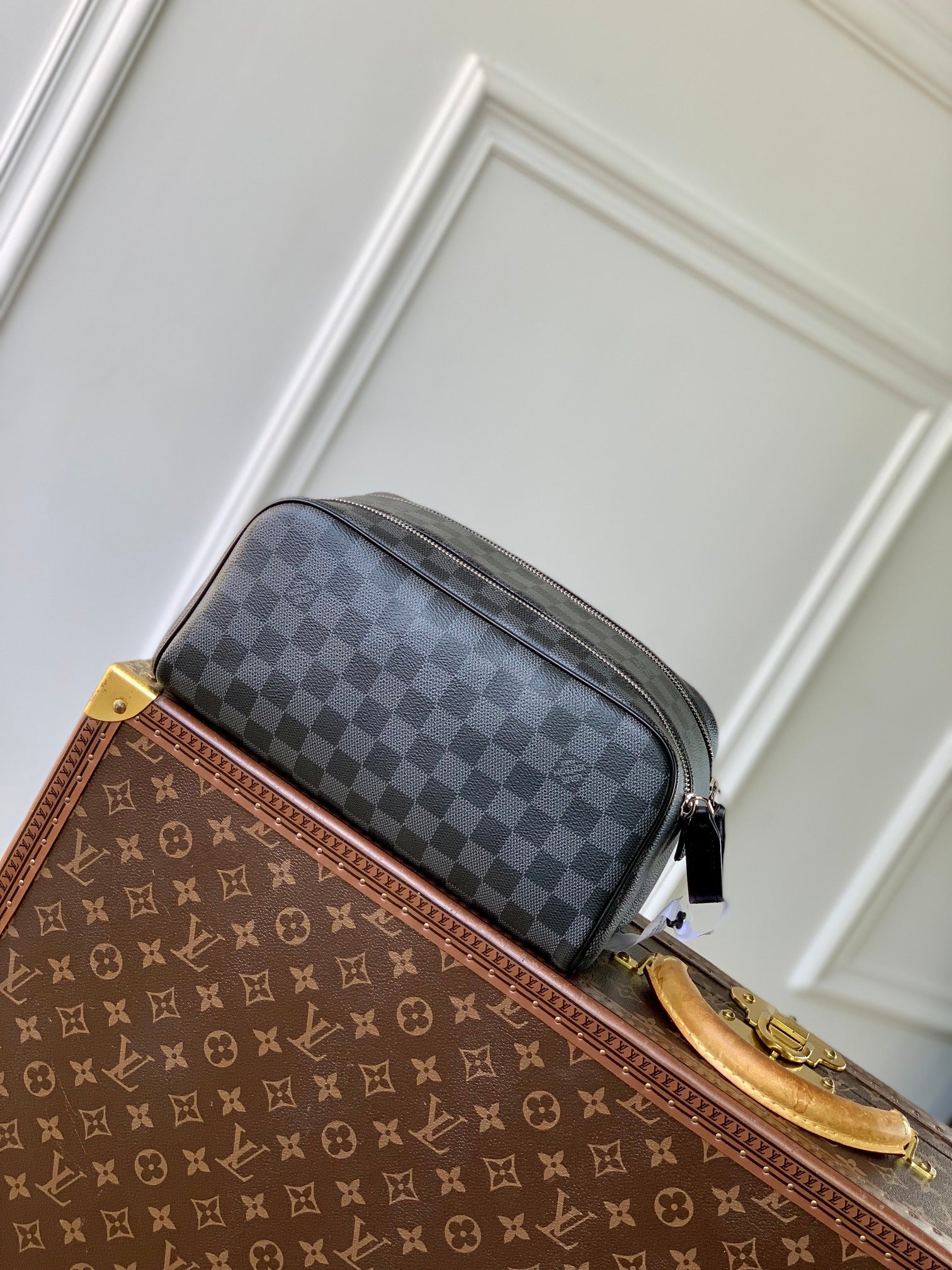 KIT DOPP 28 EN TOILE DAMIER GRAPHITE NOIR