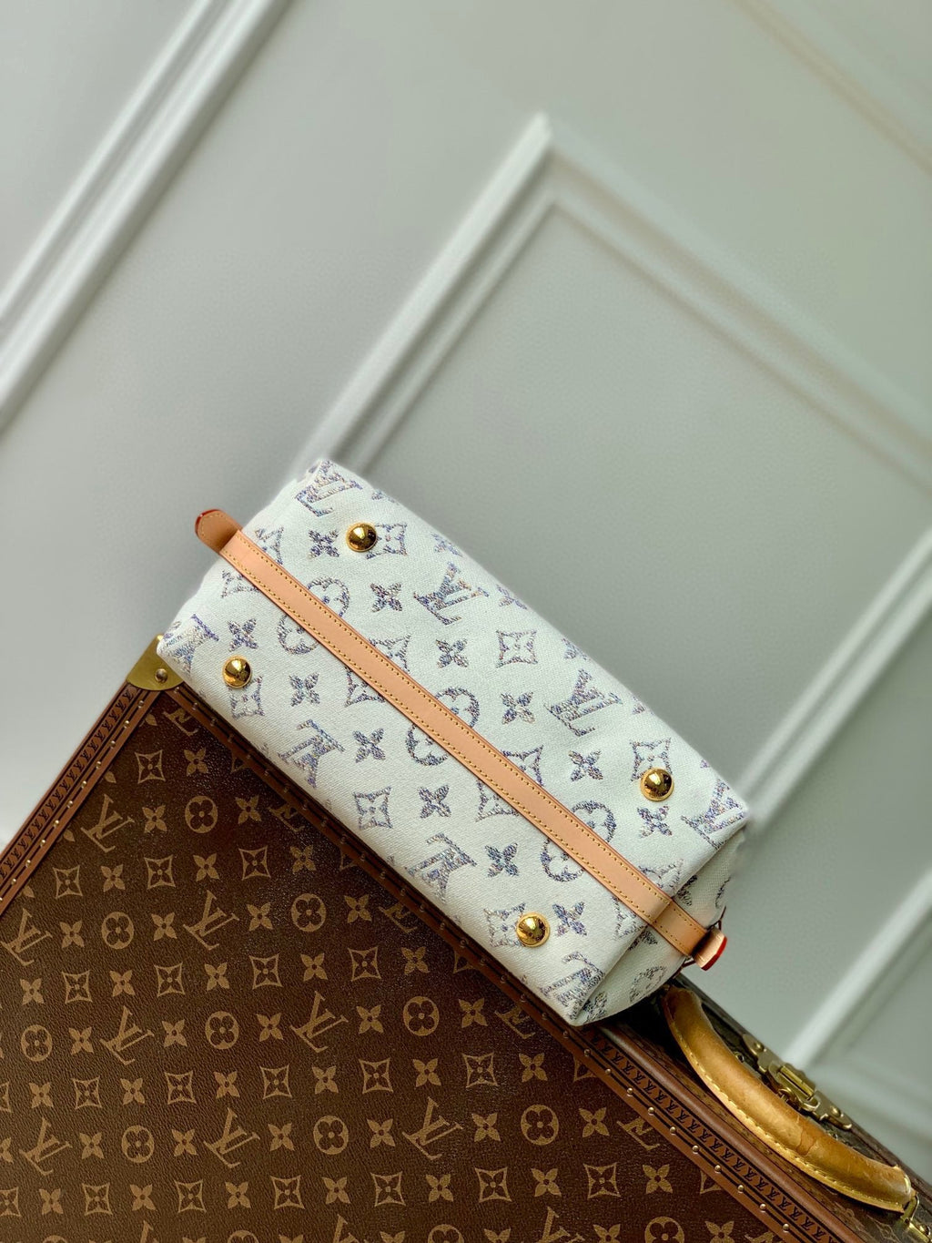 LV CARRYALL 29 CUIR BEIGE TISSU JACQUARD MONOGRAMME BLANC