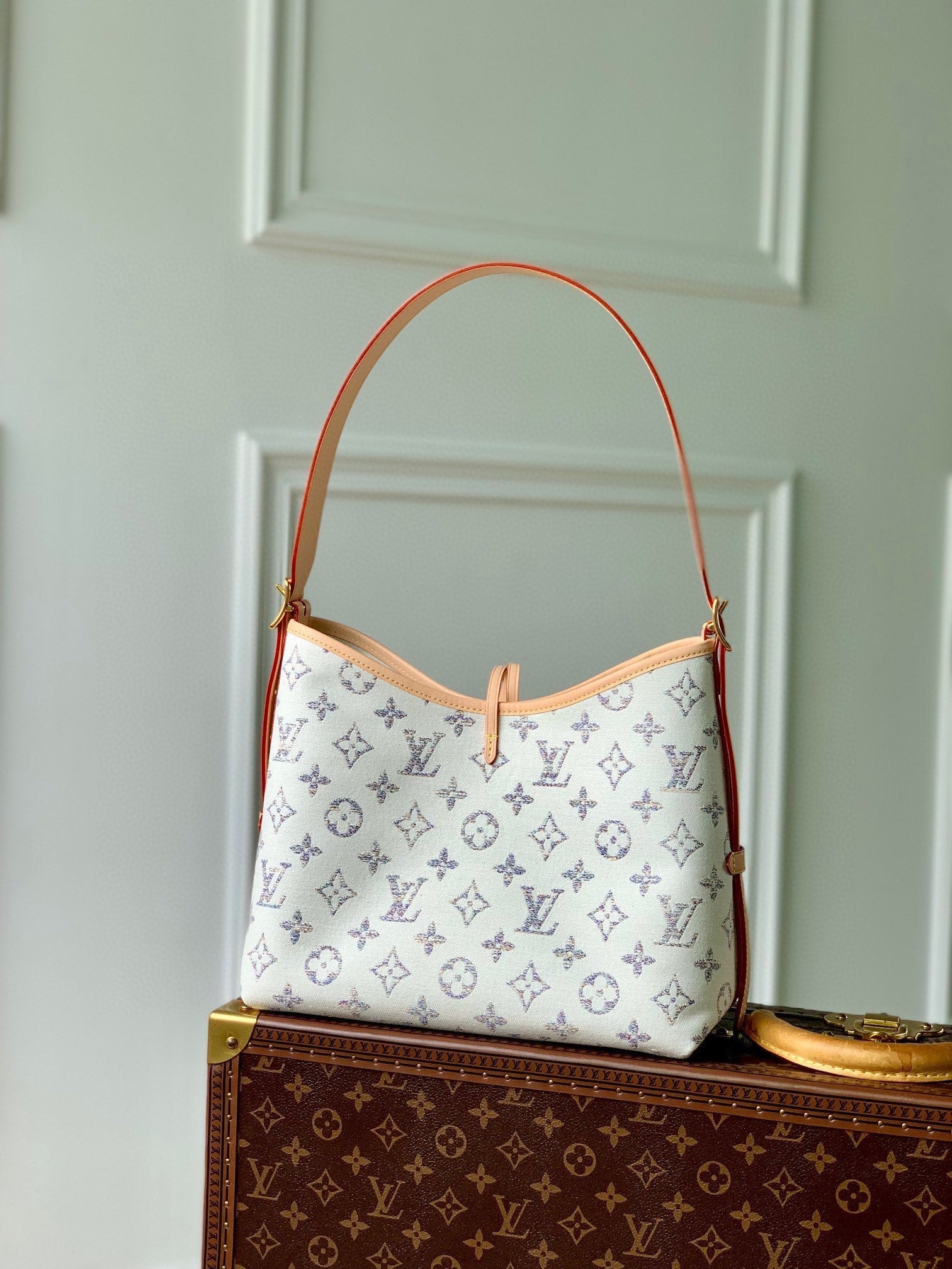 LV CARRYALL 29 CUIR BEIGE TISSU JACQUARD MONOGRAMME BLANC