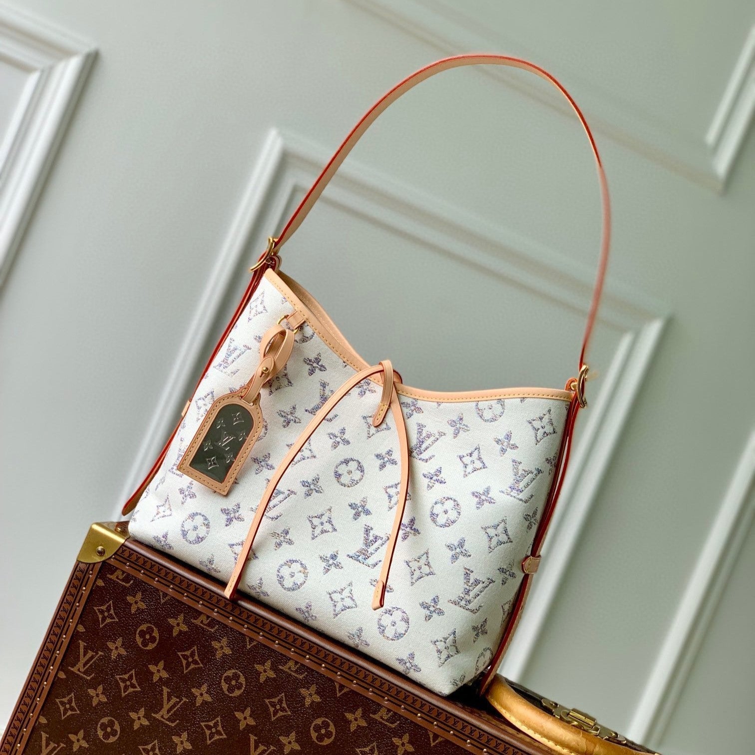 LV CARRYALL 29 CUIR BEIGE TISSU JACQUARD MONOGRAMME BLANC