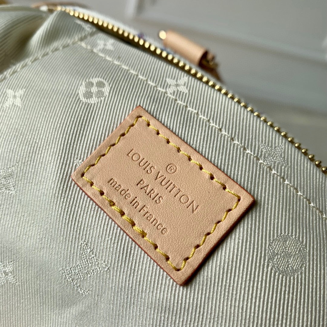 LV SPEEDY BANDOULIERE 20 CUIR BEIGE TISSU JACQUARD MONOGRAMME BLANC