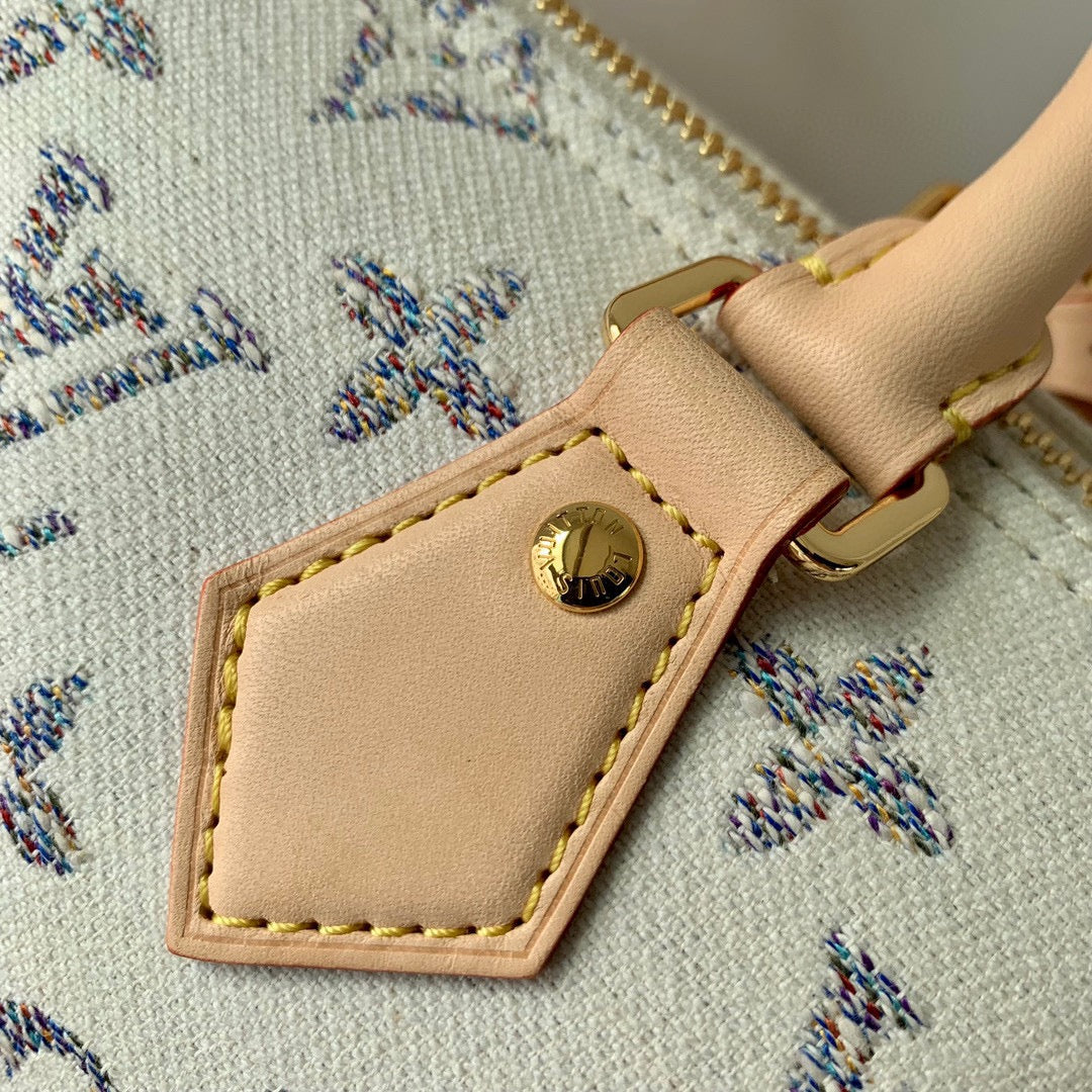 LV SPEEDY BANDOULIERE 20 CUIR BEIGE TISSU JACQUARD MONOGRAMME BLANC