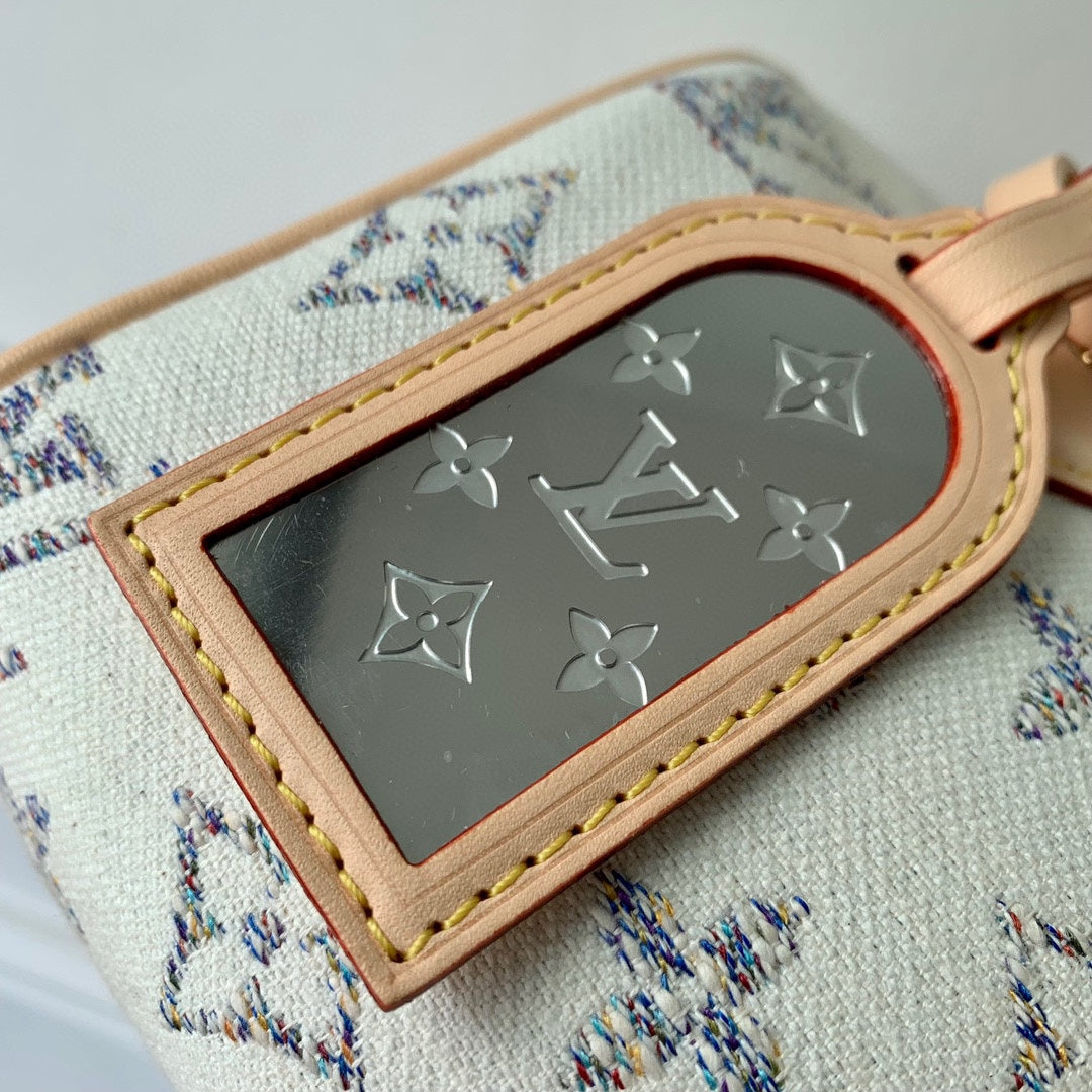 LV SPEEDY BANDOULIERE 20 CUIR BEIGE TISSU JACQUARD MONOGRAMME BLANC