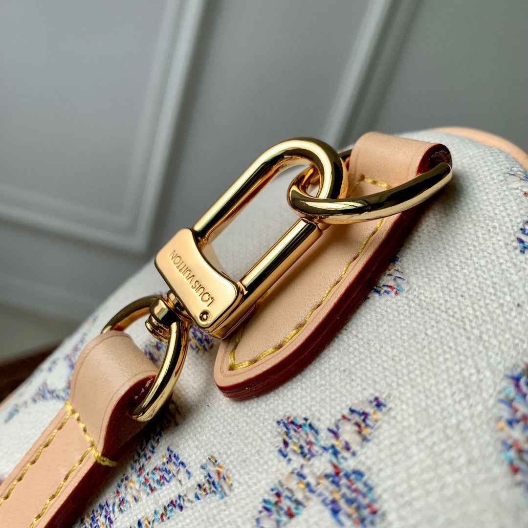 LV SPEEDY BANDOULIERE 20 CUIR BEIGE TISSU JACQUARD MONOGRAMME BLANC