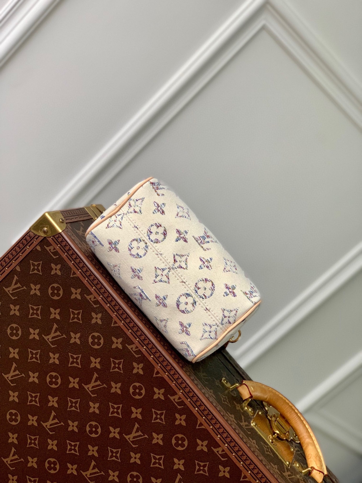 LV SPEEDY BANDOULIERE 20 CUIR BEIGE TISSU JACQUARD MONOGRAMME BLANC