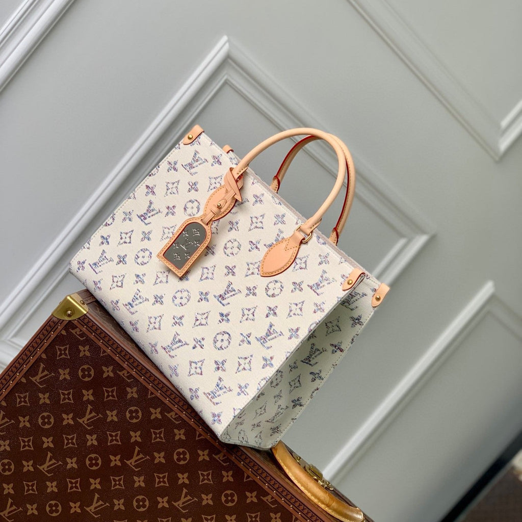 LV ONTHEGO MM BEIGE LEATHER WHITE MONOGRAM JACQUARD FABRIC