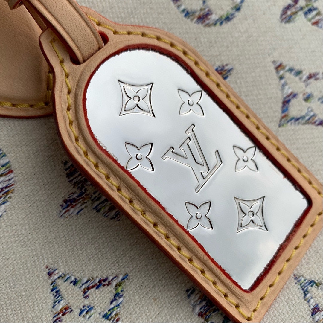 LV ONTHEGO MM BEIGE LEATHER WHITE MONOGRAM JACQUARD FABRIC