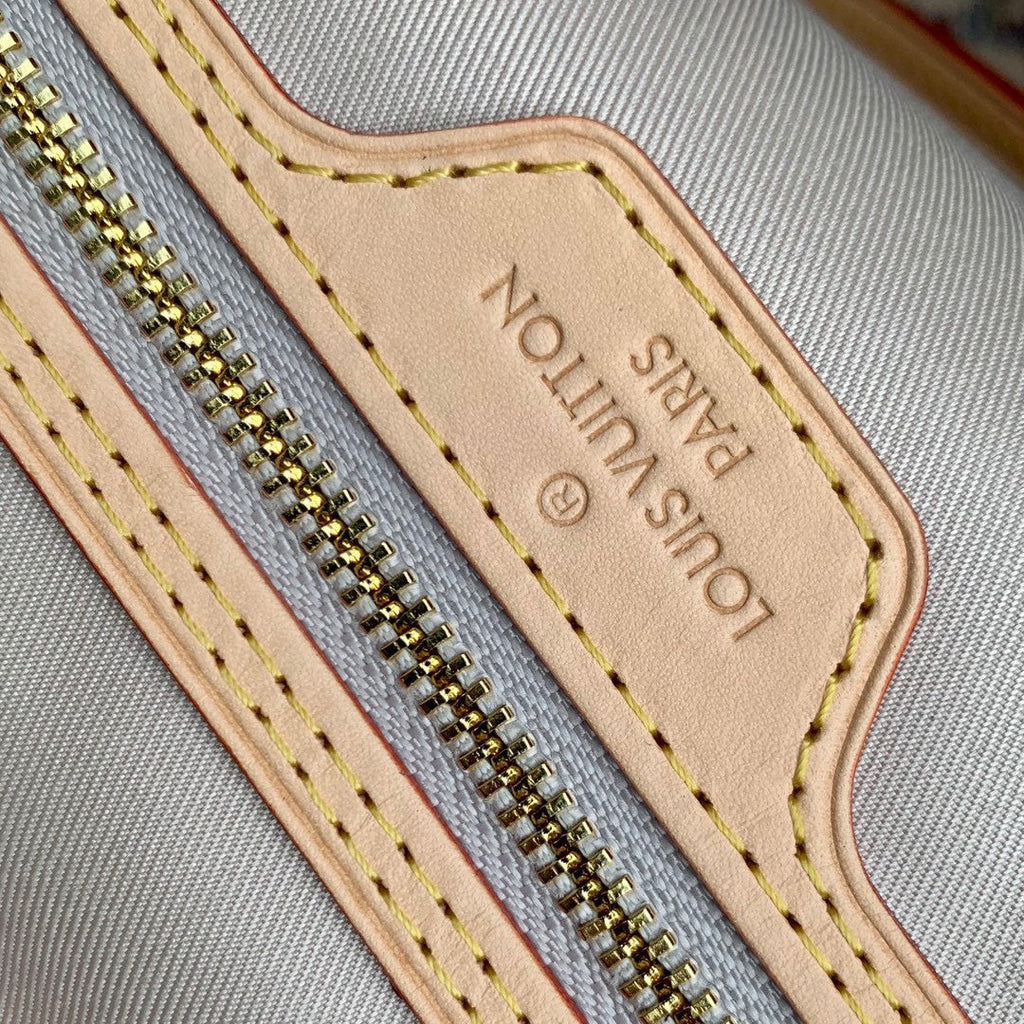 LV NEVERFULL MM BEIGE LEATHER WHITE MONOGRAM JACQUARD FABRIC