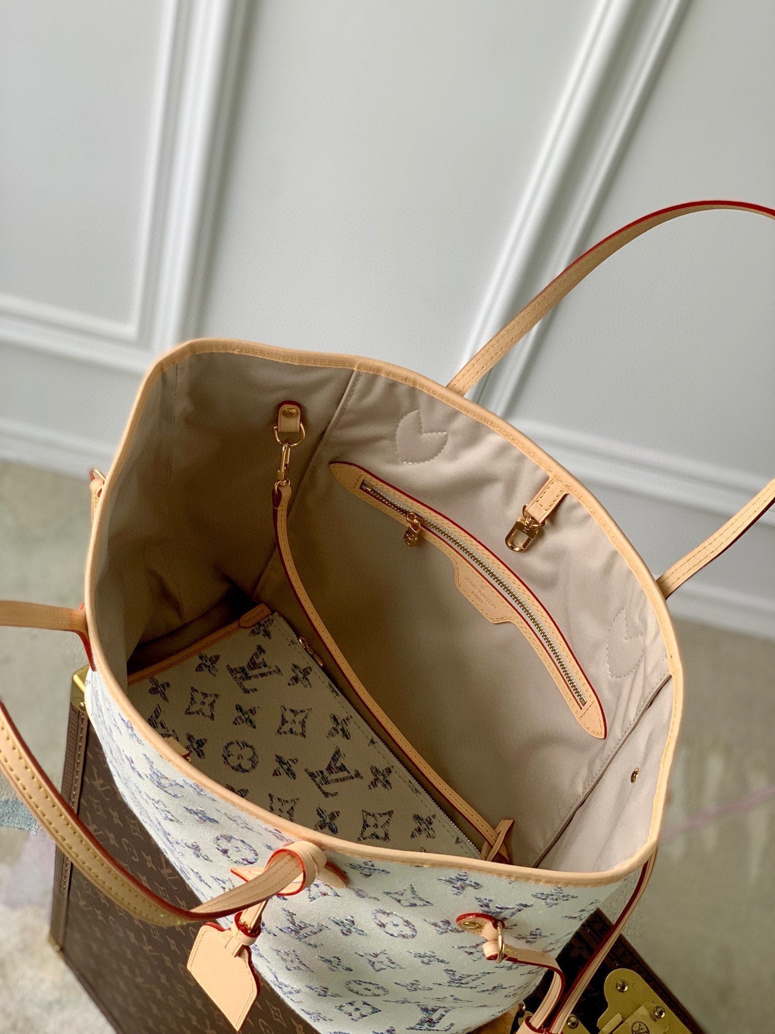 LV NEVERFULL MM CUIR BEIGE TISSU JACQUARD MONOGRAMME BLANC