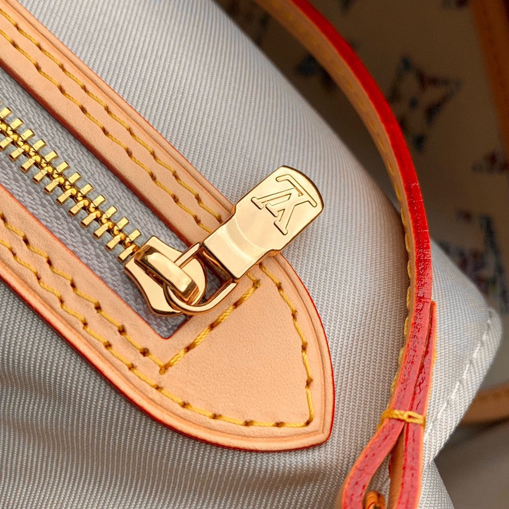LV NEVERFULL MM BEIGE LEATHER WHITE MONOGRAM JACQUARD FABRIC